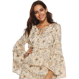 Jastie Gypsy Collective Celestial Blouse V-Neck with Tie Oversized Flare Sleeve Women Shirt Top Boho Stars Print Blouses Blusa