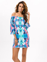 Fashion Floral Bohemia Off Shoulder Long Trumpet Sleeve Bodycon Mini Dress
