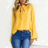 Fashion Flare Long Sleeve Bow Chiffon Ruffle Blouse 2018 Spring Irregular Solid Women Tops Clothing Casual Shirts Black Blouses
