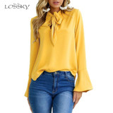 Fashion Flare Long Sleeve Bow Chiffon Ruffle Blouse 2018 Spring Irregular Solid Women Tops Clothing Casual Shirts Black Blouses
