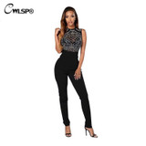 Fashion Fix Rhinestone Mesh Black  Sheer Rompers Womens Jumpsuit bodycon Sleeveless One Piece Sexy combinaison femme QL2487