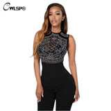 Fashion Fix Rhinestone Mesh Black  Sheer Rompers Womens Jumpsuit bodycon Sleeveless One Piece Sexy combinaison femme QL2487
