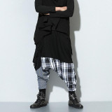 Fashion Elastic Waist Drop Crotch Harem Pants Men Plaid Pencil Pants Hip Hop Loose Casual Spliced Trousers For Male Street Wear