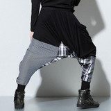 Fashion Elastic Waist Drop Crotch Harem Pants Men Plaid Pencil Pants Hip Hop Loose Casual Spliced Trousers For Male Street Wear