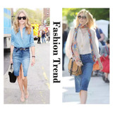 Fashion Denim Skirts Womens 2016 Front Slit Summer Jeans Skirt Midi High Waist Women Skirt