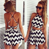 Batoneur Summer 2017 New two pieces set Striped women jumpsuit romper Summer boho fitness short playsuit Sexy backless overall