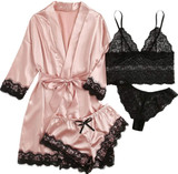 4pcs Lace Trim Satin Cami Set with Robe