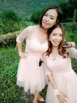 Pink Champagne Geay Half Sleev Tulle Lace Short Party Dresses Evening Dresses robe soiree vestidos de festa Evening Gown BT165