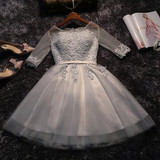 Pink Champagne Geay Half Sleev Tulle Lace Short Party Dresses Evening Dresses robe soiree vestidos de festa Evening Gown BT165