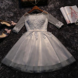 Pink Champagne Geay Half Sleev Tulle Lace Short Party Dresses Evening Dresses robe soiree vestidos de festa Evening Gown BT165