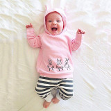 Pink Baby Girls Kids Clothes Set Sweatshirt Tops Cute Long Sleeve Striped Pants 2pcs Cotton Clothing Outfits Baby Girl
