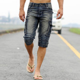 Faded Summer Mens Denim Shorts Retro Vintage acid-washed Cargo pockets Military Style Multi-Biker Short Jeans For Men