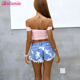 European Style Stars Print Women Shorts Fashion Frayed Tassel Denim Shorts Washed Sexy Low Waist Super Shorts Summer Jean Shorts