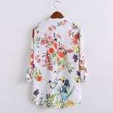 European Style 2017 Summer New Arrival Women Fashion Casual Floral Print V-neck Shirt, Female Long Sleeves Tops Chiffon Blouse