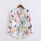 European Style 2017 Summer New Arrival Women Fashion Casual Floral Print V-neck Shirt, Female Long Sleeves Tops Chiffon Blouse