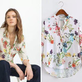 European Style 2017 Summer New Arrival Women Fashion Casual Floral Print V-neck Shirt, Female Long Sleeves Tops Chiffon Blouse