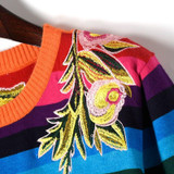 European street style 2017 autumn winter new sweater women high quality flower embroidery animal colorful stripe knitwear tops