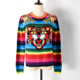 European street style 2017 autumn winter new sweater women high quality flower embroidery animal colorful stripe knitwear tops