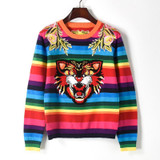 European street style 2017 autumn winter new sweater women high quality flower embroidery animal colorful stripe knitwear tops