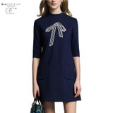 ElaCentelha Women Autumn Winter Dress 2016 New Fashion Brand Dress A Line Bow Embroidery Half Sleeve O Neck Office Work Dresses