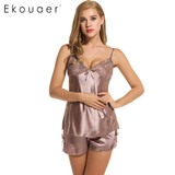 Ekouaer Sexy Patchwork Pajamas Set Sleepwear Summer Shorts Sets Satin Pajama Lingerie Nightgown Spaghetti Strap Sexy Pajamas