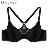 Ekouaer Fashion Women Bra Front Closure Sexy Lace Racer Black Smooth Surface Push Up Underwear Lingerie Sujetador Bra for Women