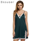 Ekouaer Brand Women Sexy Suspender Nightdress Deep V Lace Satin Sleepwear Nightgown European and American Sexy Lingerie