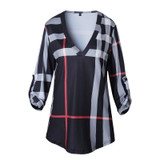 EIFFTER 2017 Spring Fashion Ladies Top V Neck Tops Tee Plaid Women Blouse Shirt Three-quarter Sleeve Casual Feminine Blouses