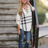 EIFFTER 2017 Spring Fashion Ladies Top V Neck Tops Tee Plaid Women Blouse Shirt Three-quarter Sleeve Casual Feminine Blouses