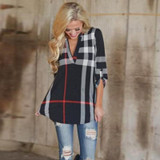 EIFFTER 2017 Spring Fashion Ladies Top V Neck Tops Tee Plaid Women Blouse Shirt Three-quarter Sleeve Casual Feminine Blouses