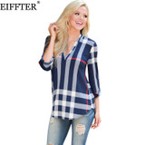 EIFFTER 2017 Spring Fashion Ladies Top V Neck Tops Tee Plaid Women Blouse Shirt Three-quarter Sleeve Casual Feminine Blouses