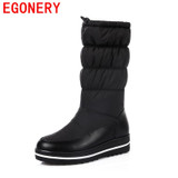 EGONERY snow boots women platform 4 cm heel shoes 2017 winter new come round toe genuine leather upper shoes woman mid calf boot