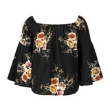 Off The Shoulder Tops For Women Summer 2018 New T Shirt Women Tops Print Flower Slash Neck Flare Sleeve Loose Top Women T-Shirt