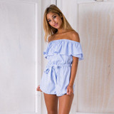 Off Shoulder Summer Beach Style Sexy Sky Blue Striped Women Playsuits Elegant Overall Romper 2017 Summer Short Jumpsuits