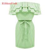 Off Shoulder Strapless Striped Ruffles Dress Women Summer Sundresses Beach Casual Shirt Short Mini Party Dresses DF0867
