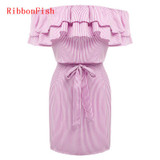 Off Shoulder Strapless Striped Ruffles Dress Women Summer Sundresses Beach Casual Shirt Short Mini Party Dresses DF0867