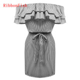 Off Shoulder Strapless Striped Ruffles Dress Women Summer Sundresses Beach Casual Shirt Short Mini Party Dresses DF0867
