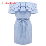 Off Shoulder Strapless Striped Ruffles Dress Women Summer Sundresses Beach Casual Shirt Short Mini Party Dresses DF0867