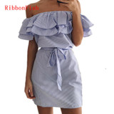 Off Shoulder Strapless Striped Ruffles Dress Women Summer Sundresses Beach Casual Shirt Short Mini Party Dresses DF0867