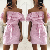 Off Shoulder Strapless Striped Ruffles Dress Women 2018 Summer Sundresses Beach Casual Shirt Short Mini Party Dresses Robe Femme