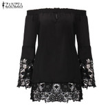 Off Shoulder Shirts Women Blouses 2018 Sexy Slash Neck Flare Sleeve Patchwork Lace Crochet Blusas Casual Tops Plus Size S-5XL