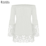 Off Shoulder Shirts Women Blouses 2018 Sexy Slash Neck Flare Sleeve Patchwork Lace Crochet Blusas Casual Tops Plus Size S-5XL