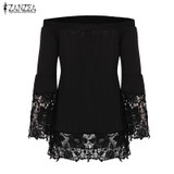 Off Shoulder Shirts Women Blouses 2018 Sexy Slash Neck Flare Sleeve Patchwork Lace Crochet Blusas Casual Tops Plus Size S-5XL