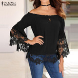 Off Shoulder Shirts Women Blouses 2018 Sexy Slash Neck Flare Sleeve Patchwork Lace Crochet Blusas Casual Tops Plus Size S-5XL