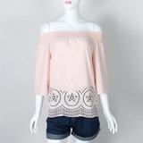 Off shoulder Hollow Out White Lace Blouse Tops Shirts Sexy Women Loose Slash Neck Flare Sleeve Summer Shirts Autumn Blusas X0318