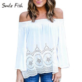Off shoulder Hollow Out White Lace Blouse Tops Shirts Sexy Women Loose Slash Neck Flare Sleeve Summer Shirts Autumn Blusas X0318