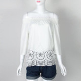 Off shoulder Hollow Out White Lace Blouse Tops Shirts Sexy Women Loose Slash Neck Flare Sleeve Summer Shirts Autumn Blusas X0318