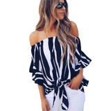 Off Shoulder Chiffon Blouse Casual Flare Sleeve Striped Office Shirt Sexy Slash Neck Bow Tie Bandage Summer Tops Women Blouses