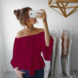 Off Shoulder Chiffon Blouse Casual Flare Sleeve Striped Office Shirt Sexy Slash Neck Bow Tie Bandage Summer Tops Women Blouses