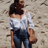 Off Shoulder Blue Striped Blouse Women 2017 Summer Fold Long Sleeve Blouses Shirt Women Elegant Tops Blusas Female